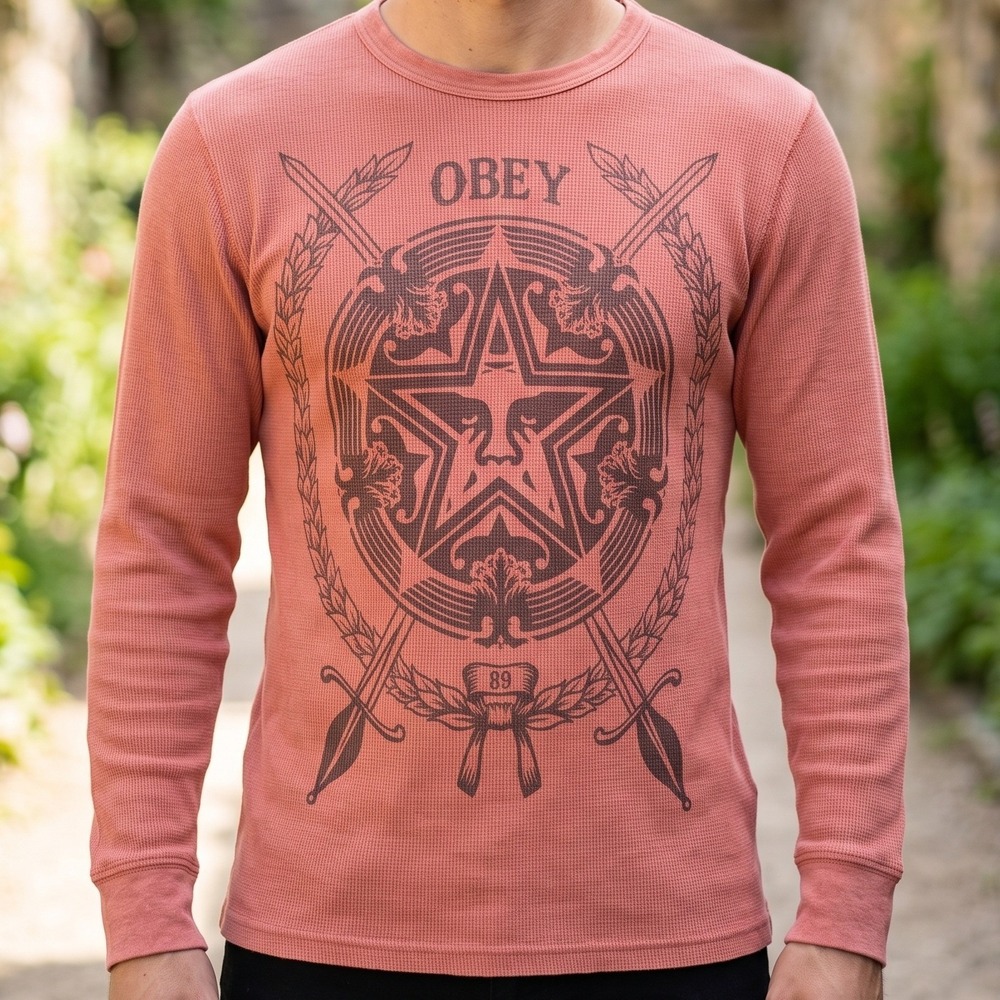 Obey Mens Graphic Thermal Long Sleeve Shirt Salmon Waffle Knit Made in USA S